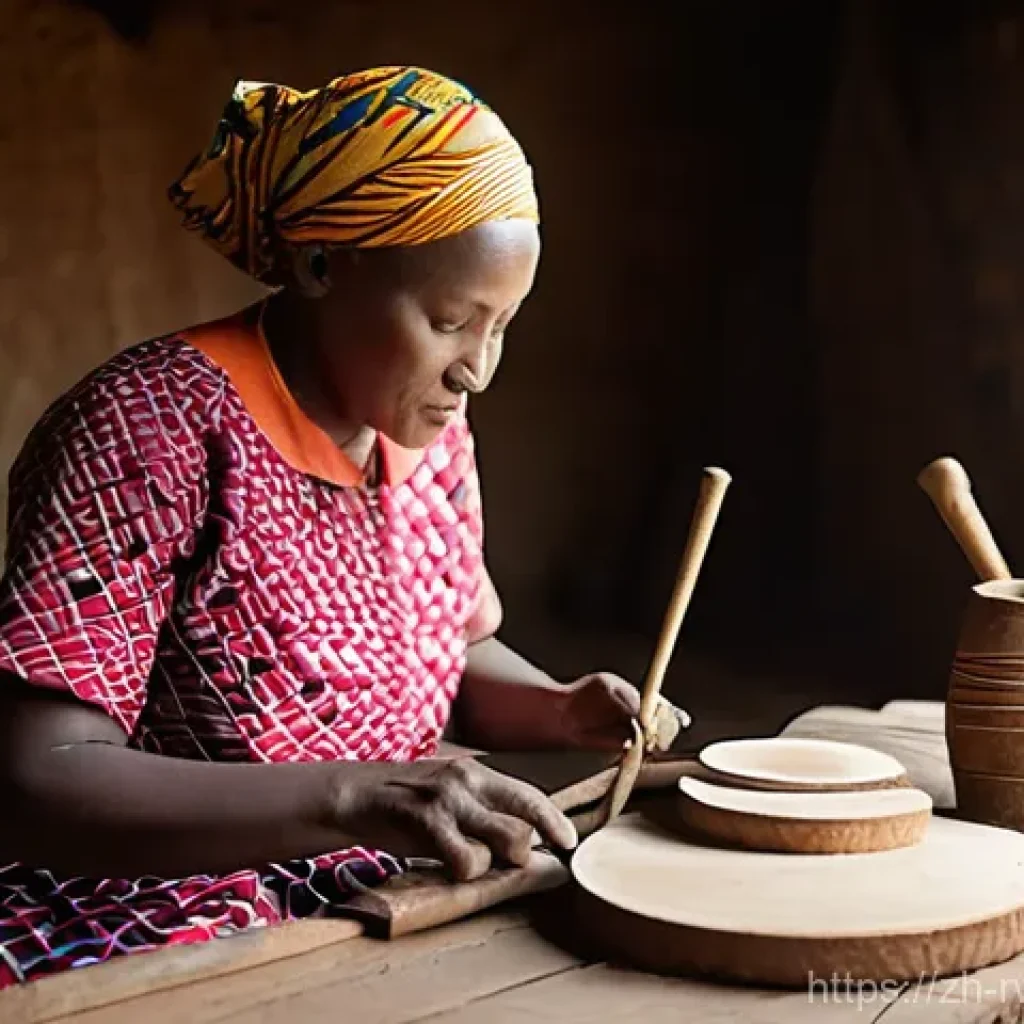 르완다의 민속 음악 체험 프로그램 - **Prompt:** A Rwandan artisan meticulously crafting a traditional "Inanga" string instrument in a su...