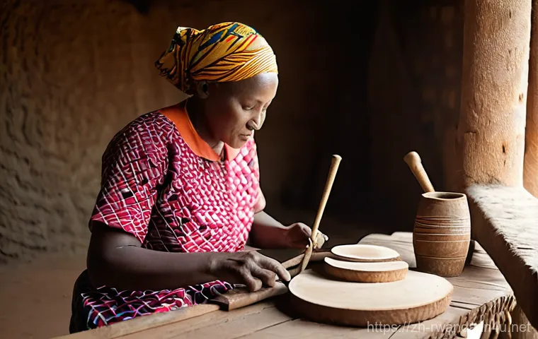르완다의 민속 음악 체험 프로그램 - **Prompt:** A Rwandan artisan meticulously crafting a traditional "Inanga" string instrument in a su...