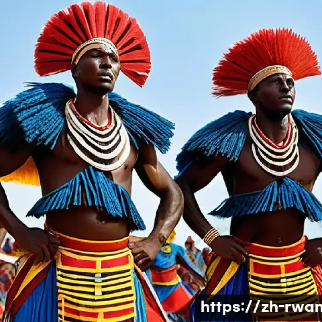 르완다의 민속 춤 공연장 추천 - **A dynamic scene depicting Intore warriors performing a traditional Rwandan dance.** The male dance...