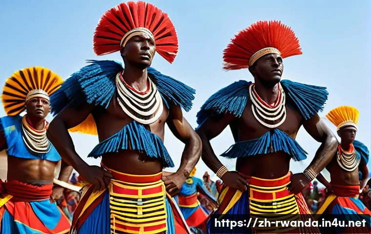 르완다의 민속 춤 공연장 추천 - **A dynamic scene depicting Intore warriors performing a traditional Rwandan dance.** The male dance...
