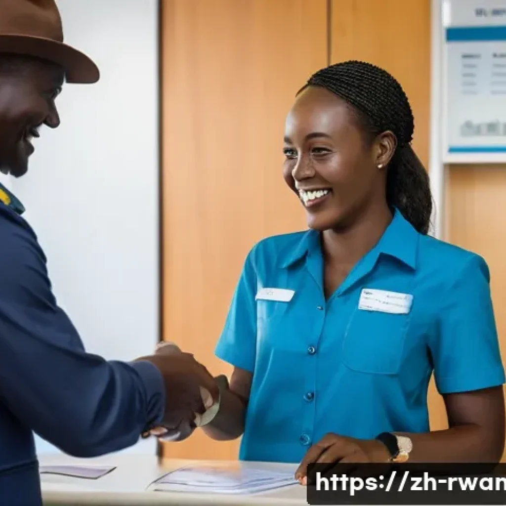 르완다의 국경 절차 - **Prompt:** A female traveler in her late 20s, with a warm, genuine smile, is at a modern immigratio...