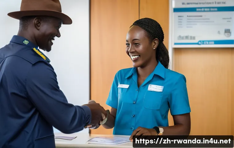 르완다의 국경 절차 - **Prompt:** A female traveler in her late 20s, with a warm, genuine smile, is at a modern immigratio...