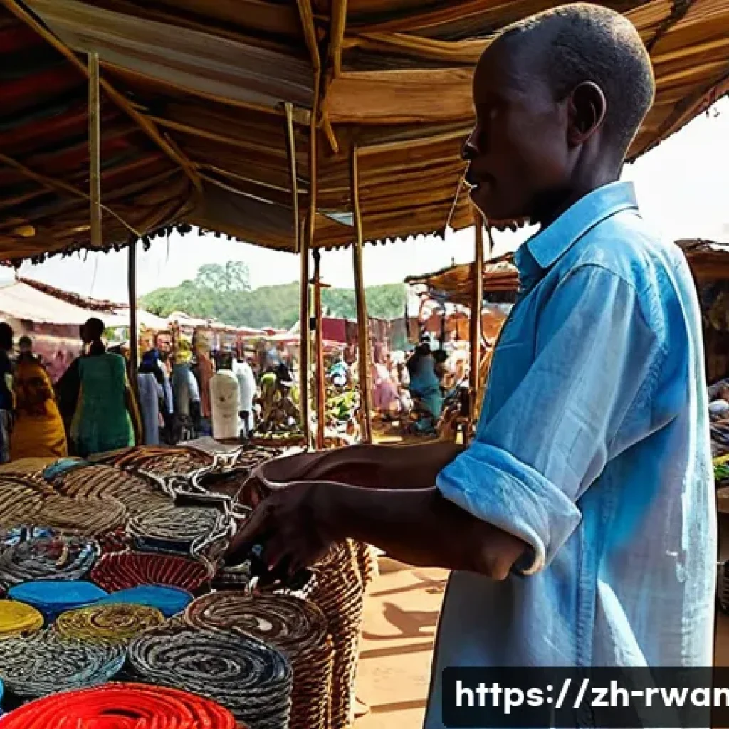 르완다의 중고 시장 - **Prompt:** A curious traveler, modestly dressed in a light linen shirt and trousers, kneels amidst ...
