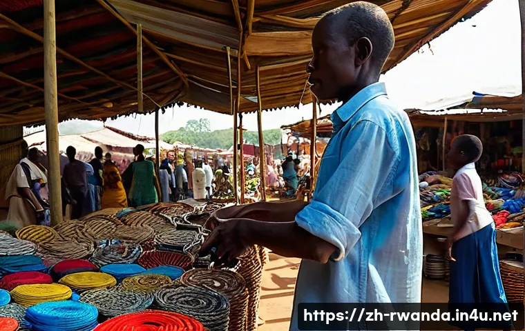 르완다의 중고 시장 - **Prompt:** A curious traveler, modestly dressed in a light linen shirt and trousers, kneels amidst ...