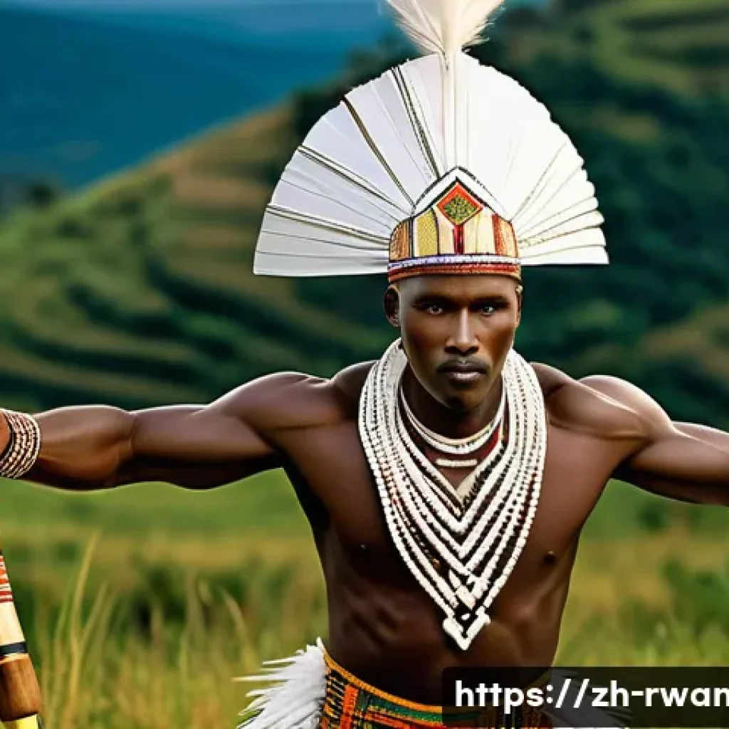르완다의 민속 춤 역사 강의 - **A highly detailed and vibrant image of Rwandan male Intore dancers.** The dancers are in a powerfu...