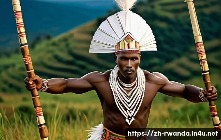 르완다의 민속 춤 역사 강의 - **A highly detailed and vibrant image of Rwandan male Intore dancers.** The dancers are in a powerfu...