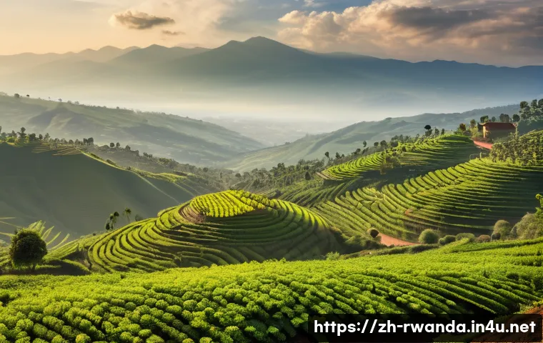 르완다에서의 환율 정보 - **Prompt:** A picturesque panoramic view of the "Land of a Thousand Hills" in Rwanda, bathed in warm...