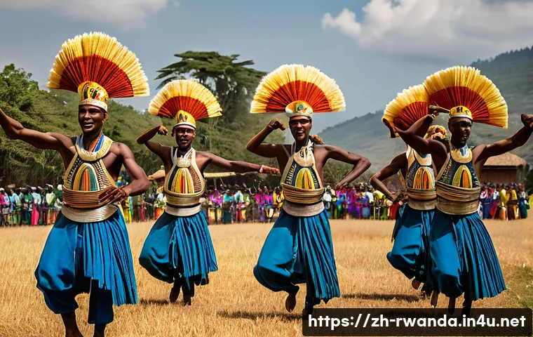 르완다 민속 춤의 관광 상품화 - **Prompt for Intore Dance (Male Warriors):**
    "A group of Rwandan Intore dancers, male, mid-actio...