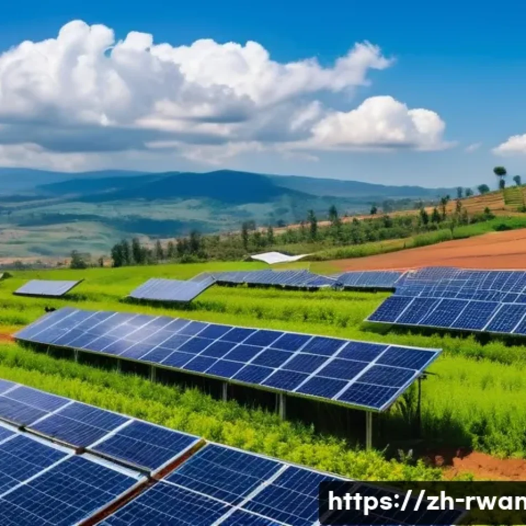 르완다의 환경 보호 정책 - A vibrant solar energy farm near Kigali, Rwanda, featuring rows of sleek solar panels under a bright...