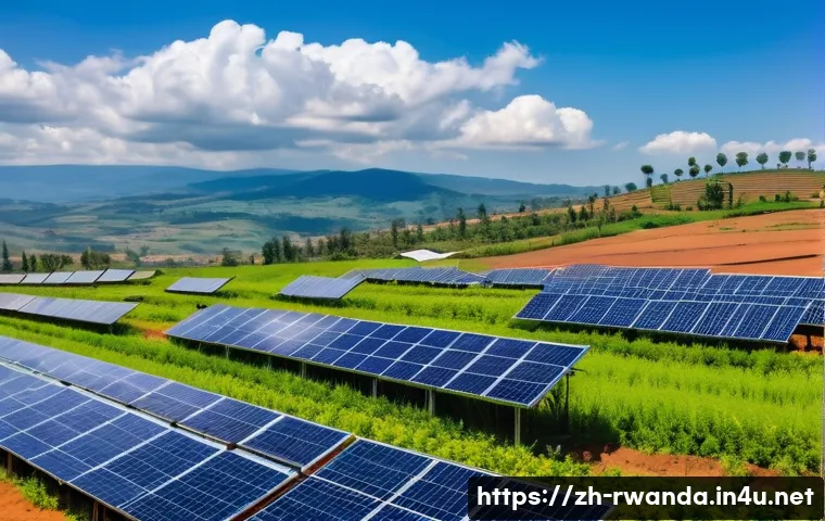 르완다의 환경 보호 정책 - A vibrant solar energy farm near Kigali, Rwanda, featuring rows of sleek solar panels under a bright...