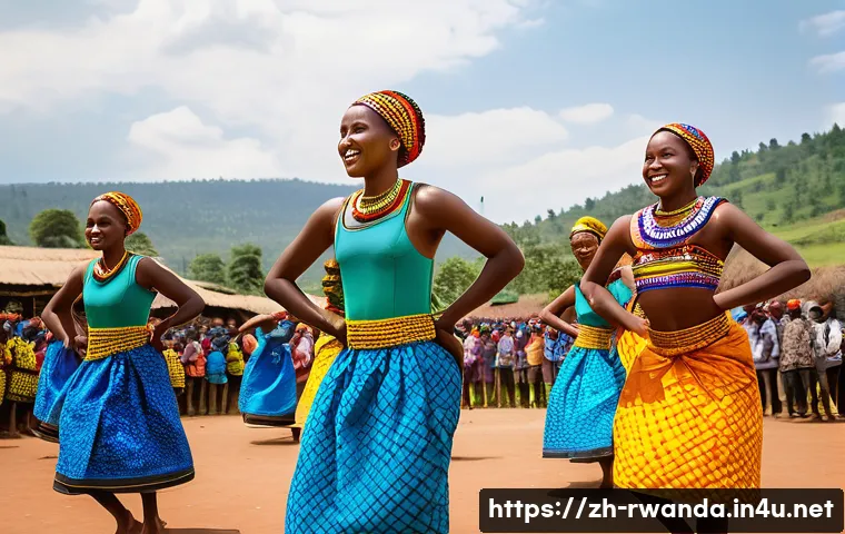 르완다의 주요 민속 축제 소개 - A vibrant traditional Rwandan dance festival scene featuring young Hutu dancers performing the “Inde...