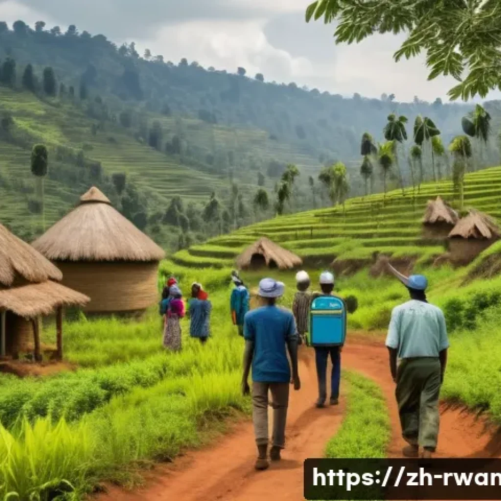 르완다 산림 보호 프로그램 - A vibrant Rwandan village scene showing community members actively participating in forest patrols t...