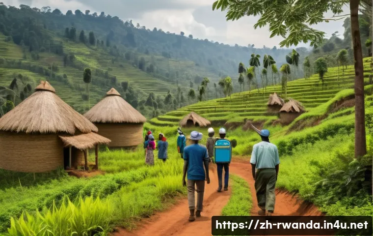 르완다 산림 보호 프로그램 - A vibrant Rwandan village scene showing community members actively participating in forest patrols t...