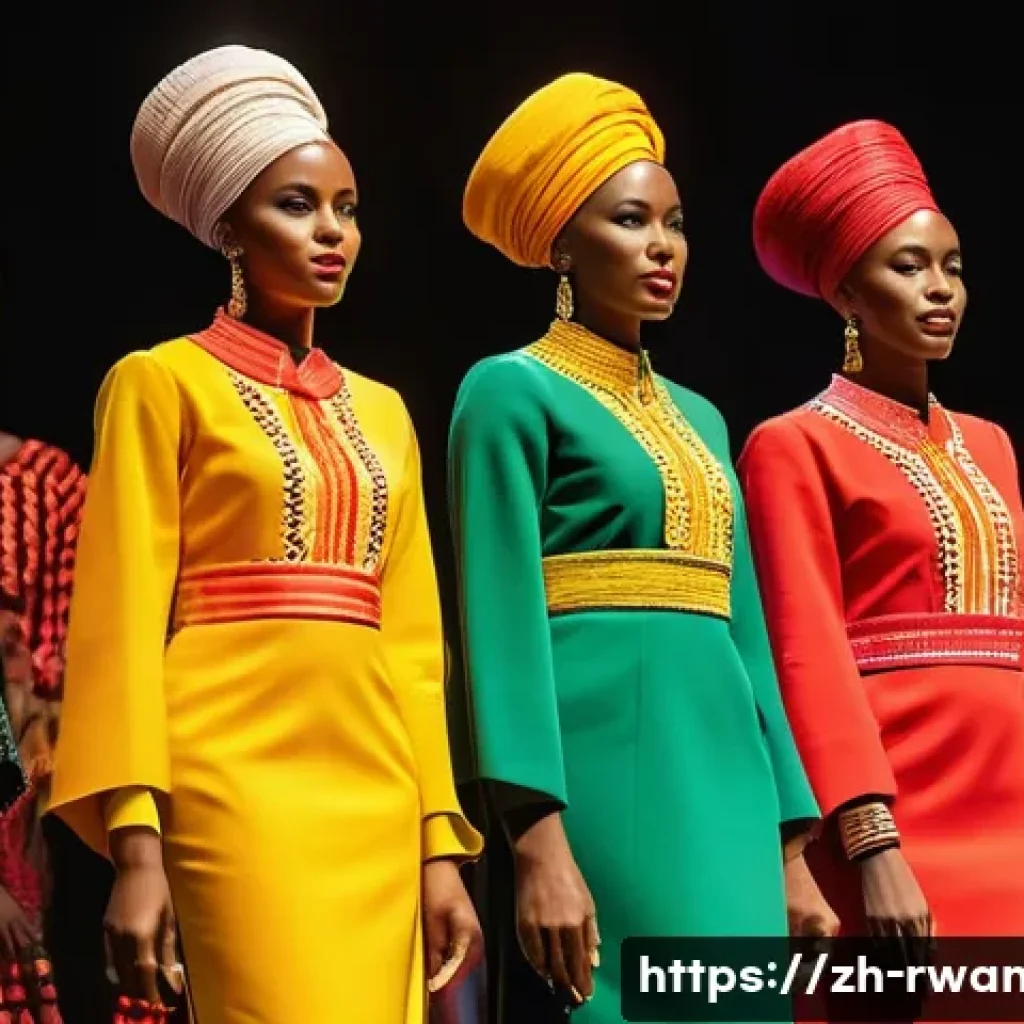 르완다 전통 의상 패션쇼 일정 - A vibrant Rwandan traditional fashion runway scene showcasing models wearing brightly colored garmen...