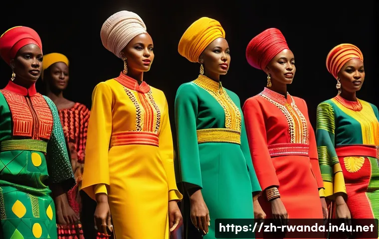 르완다 전통 의상 패션쇼 일정 - A vibrant Rwandan traditional fashion runway scene showcasing models wearing brightly colored garmen...