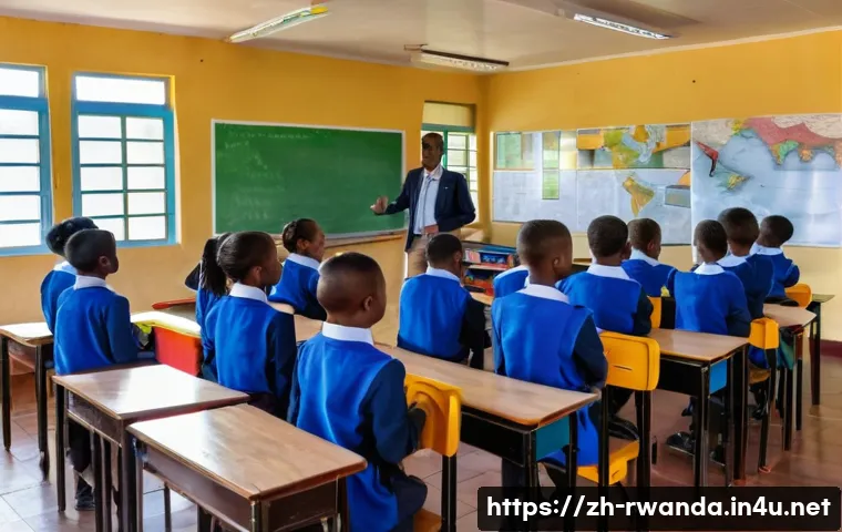 르완다의 주요 국제 학교 - A vibrant multicultural international school classroom in Rwanda, featuring diverse students aged ar...