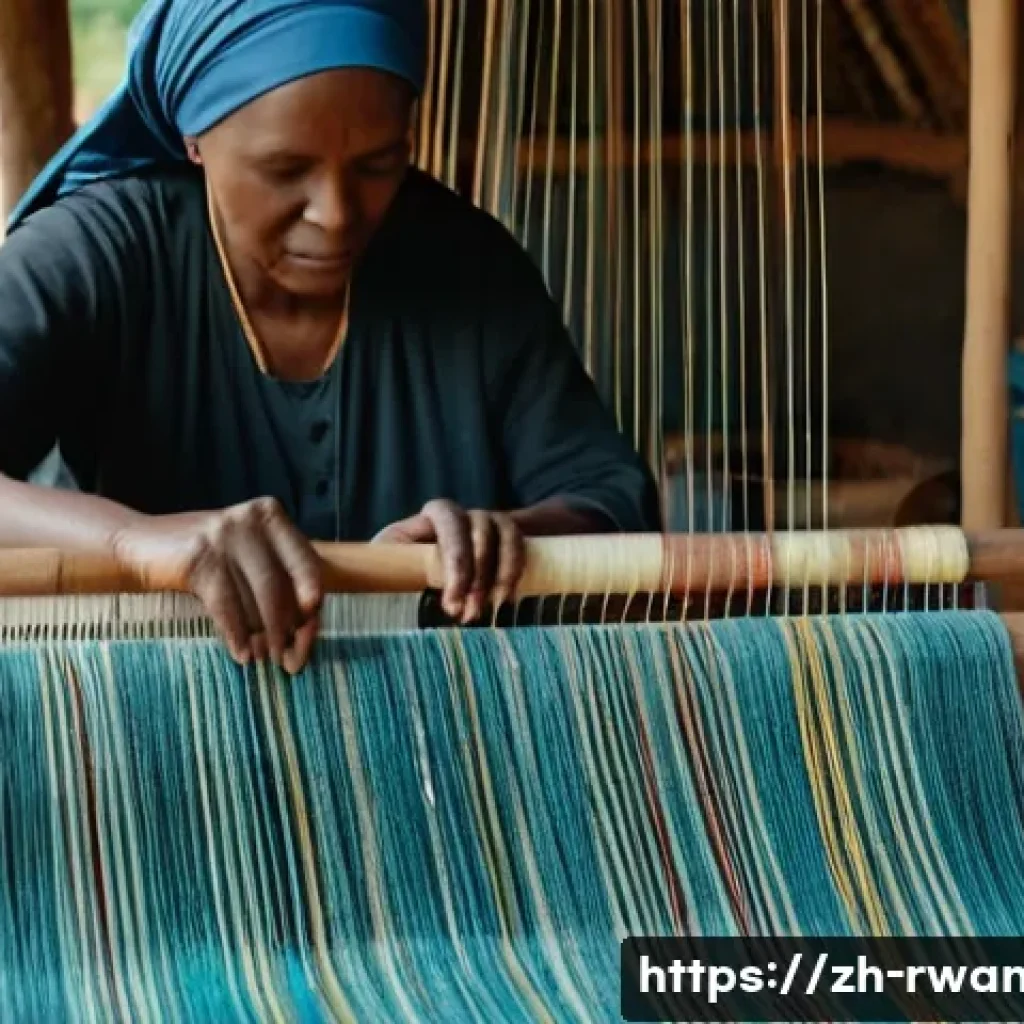르완다의 전통 직물 학교 - A detailed scene of a skilled elderly Rwandan female artisan hand-weaving traditional fabric on a wo...