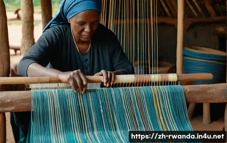 르완다의 전통 직물 학교 - A detailed scene of a skilled elderly Rwandan female artisan hand-weaving traditional fabric on a wo...