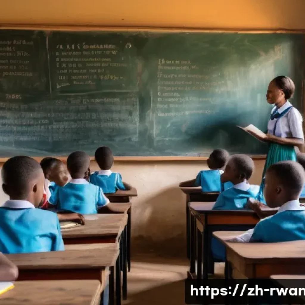 르완다의 주요 역사 교육 프로그램 - A modern Rwandan classroom scene where diverse students attentively watch a large screen displaying ...