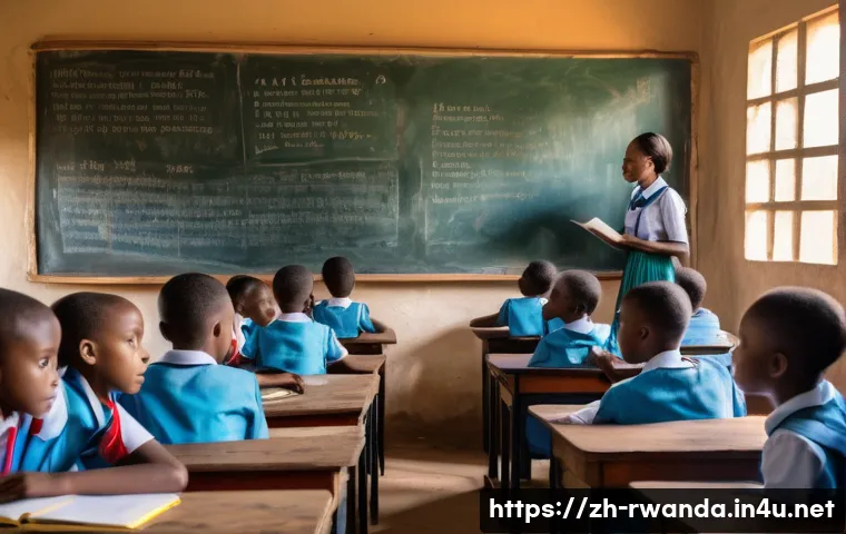 르완다의 주요 역사 교육 프로그램 - A modern Rwandan classroom scene where diverse students attentively watch a large screen displaying ...