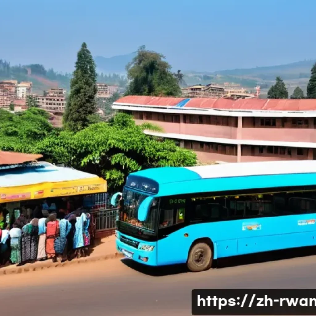 르완다에서의 대중교통 이용법 - A bustling Kigali city street scene during daytime, featuring a large blue and white public bus navi...