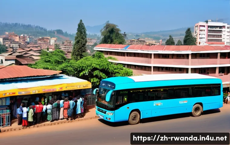르완다에서의 대중교통 이용법 - A bustling Kigali city street scene during daytime, featuring a large blue and white public bus navi...
