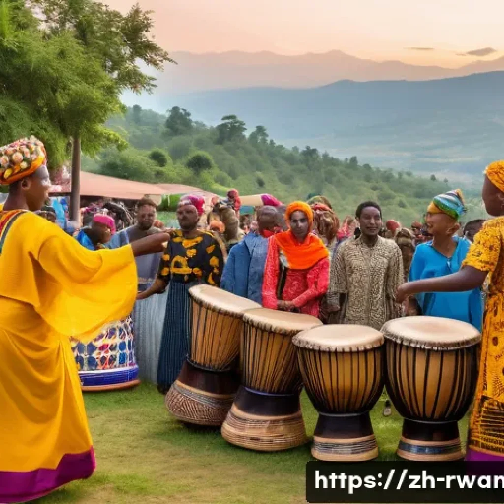르완다 민속 음악 공연의 경제적 효과 - A vibrant Rwandan folk music festival scene at sunset, featuring musicians playing traditional drums...