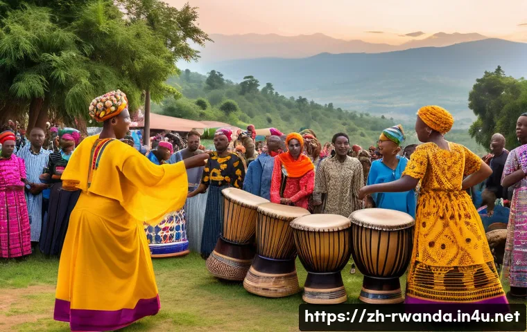 르완다 민속 음악 공연의 경제적 효과 - A vibrant Rwandan folk music festival scene at sunset, featuring musicians playing traditional drums...