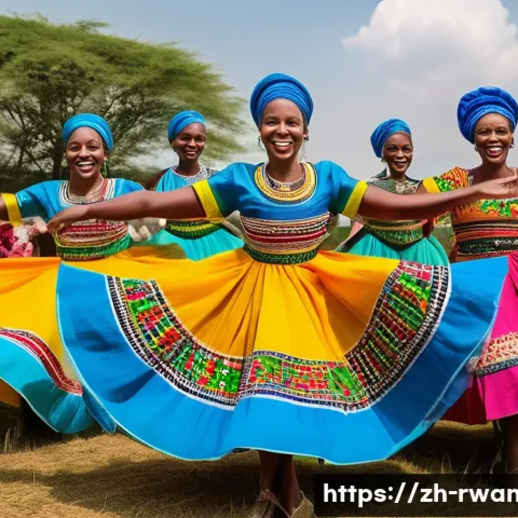 르완다 민속 춤의 종류와 의미 - A vibrant traditional Rwandan harvest dance scene featuring energetic dancers wearing brightly color...