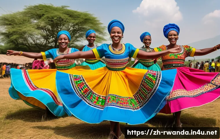 르완다 민속 춤의 종류와 의미 - A vibrant traditional Rwandan harvest dance scene featuring energetic dancers wearing brightly color...