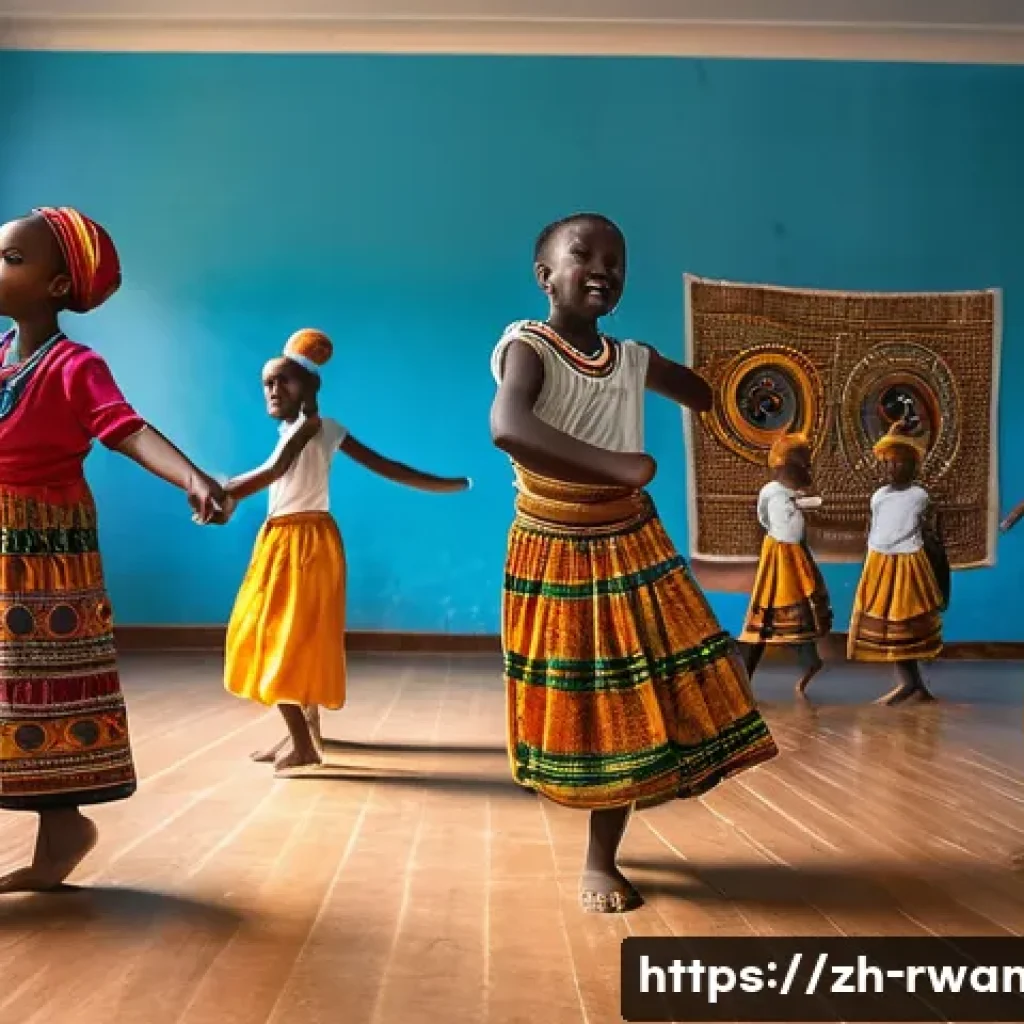 르완다의 전통 춤 교육 - A vibrant scene of Rwandan school children participating in a traditional dance class inside a moder...