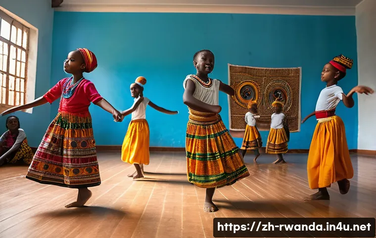 르완다의 전통 춤 교육 - A vibrant scene of Rwandan school children participating in a traditional dance class inside a moder...
