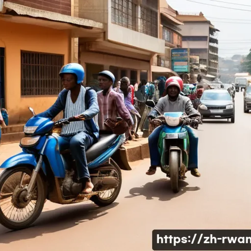 르완다에서의 대중 교통 비용 - A bustling urban street scene in Kigali, Rwanda, featuring multiple motorcycles known as "Boda Boda"...