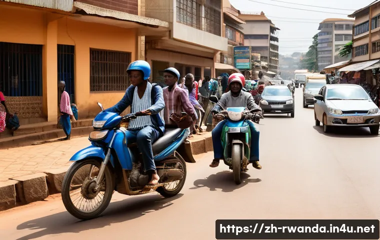 르완다에서의 대중 교통 비용 - A bustling urban street scene in Kigali, Rwanda, featuring multiple motorcycles known as "Boda Boda"...