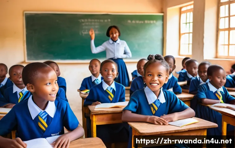 르완다의 주요 교육 기관 - A bright and modern Rwandan primary school classroom filled with children aged 6-12, all wearing nea...