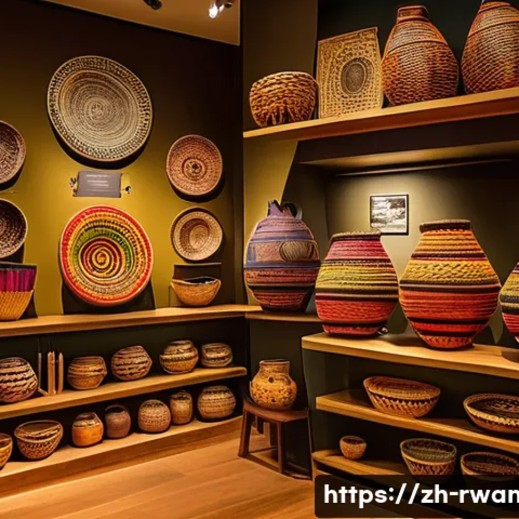 르완다의 주요 박물관 - A vibrant Rwandan museum exhibit showcasing traditional handcrafted items: intricately woven colorfu...