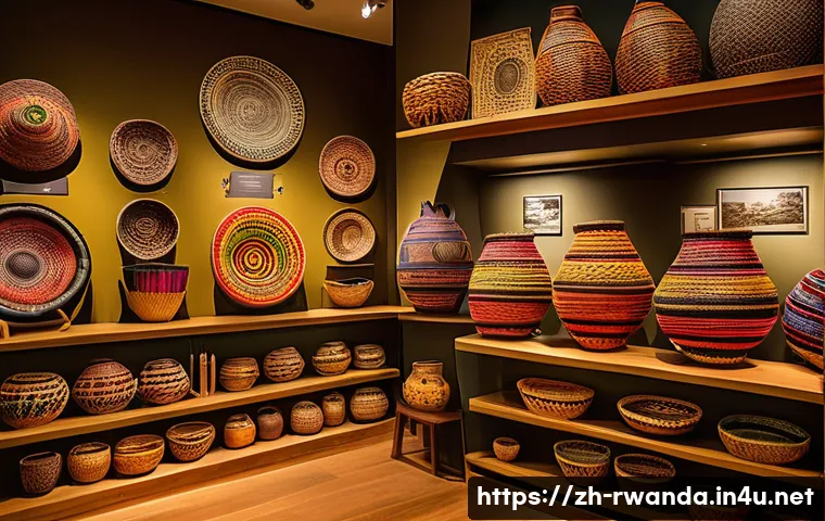 르완다의 주요 박물관 - A vibrant Rwandan museum exhibit showcasing traditional handcrafted items: intricately woven colorfu...
