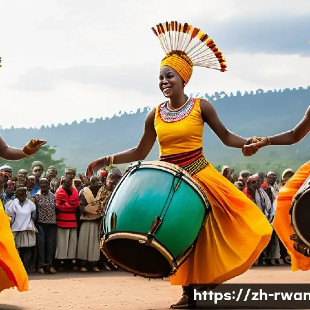 르완다 민속 춤과 음악의 연결고리 - A vibrant traditional Rwandan festival scene featuring a group of dancers wearing colorful cultural ...