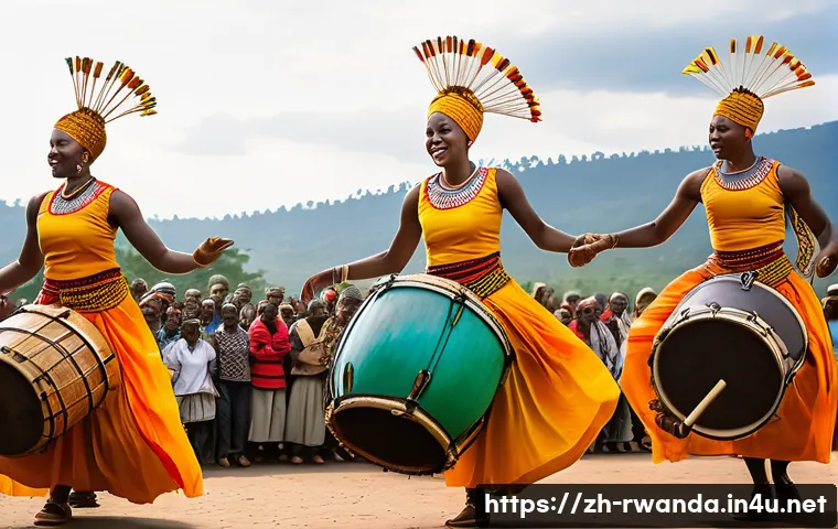 르완다 민속 춤과 음악의 연결고리 - A vibrant traditional Rwandan festival scene featuring a group of dancers wearing colorful cultural ...
