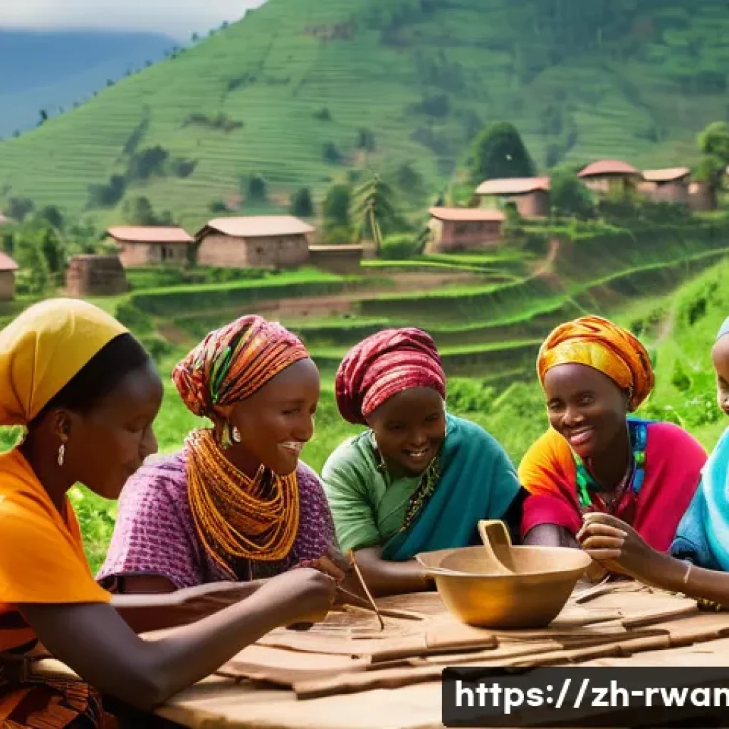 르완다에서의 NGO 활동 - A vibrant rural Rwandan community scene showing women participating actively in a handcrafted artisa...
