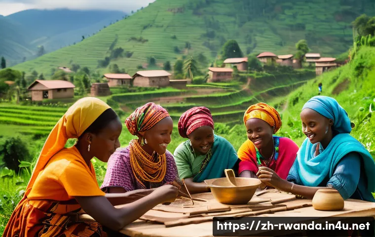 르완다에서의 NGO 활동 - A vibrant rural Rwandan community scene showing women participating actively in a handcrafted artisa...