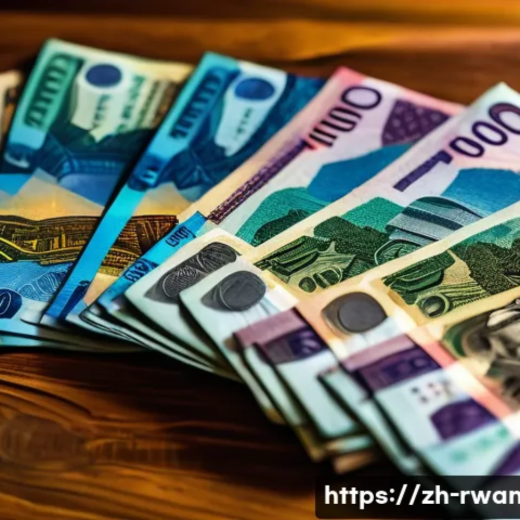 르완다의 공용 화폐 - A highly detailed close-up of Rwanda Franc banknotes spread out on a rustic wooden table, featuring ...