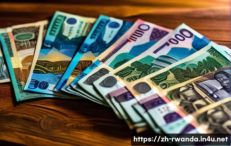 르완다의 공용 화폐 - A highly detailed close-up of Rwanda Franc banknotes spread out on a rustic wooden table, featuring ...