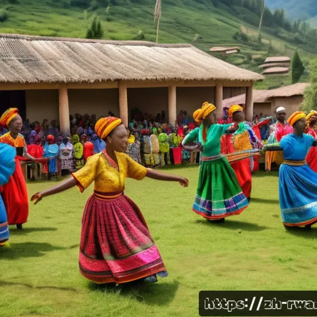 르완다의 주요 문화 정책 - A vibrant rural Rwandan traditional dance festival scene, featuring men and women dressed in colorfu...