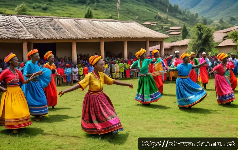 르완다의 주요 문화 정책 - A vibrant rural Rwandan traditional dance festival scene, featuring men and women dressed in colorfu...