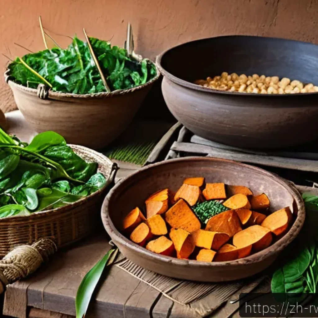 르완다의 전통 음식 요리 수업 - A vibrant traditional Rwandan kitchen scene showcasing a rustic clay pot simmering sweet potatoes, t...