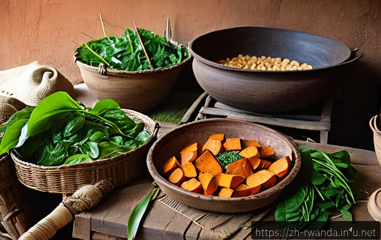 르완다의 전통 음식 요리 수업 - A vibrant traditional Rwandan kitchen scene showcasing a rustic clay pot simmering sweet potatoes, t...