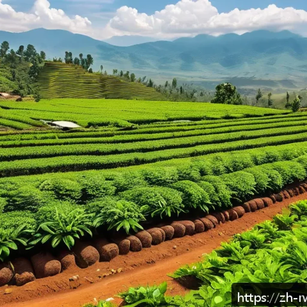 르완다 수출 주요 품목 - A vibrant Rwandan farm scene showcasing a diverse array of agricultural products including coffee pl...