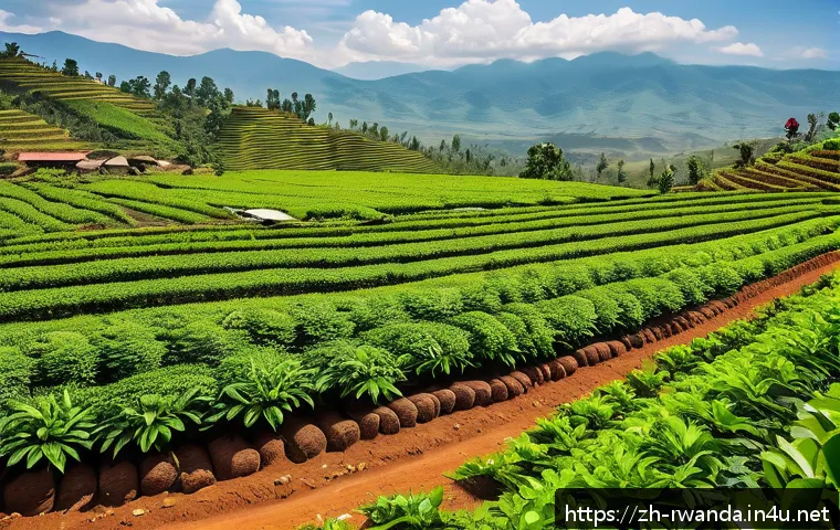 르완다 수출 주요 품목 - A vibrant Rwandan farm scene showcasing a diverse array of agricultural products including coffee pl...