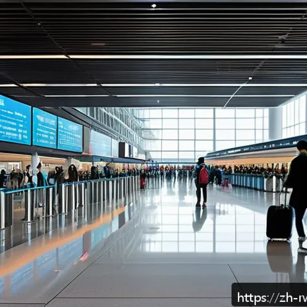 르완다 공항 도착 절차 - A busy modern international airport arrival hall designed for Chinese travelers, featuring clear bil...